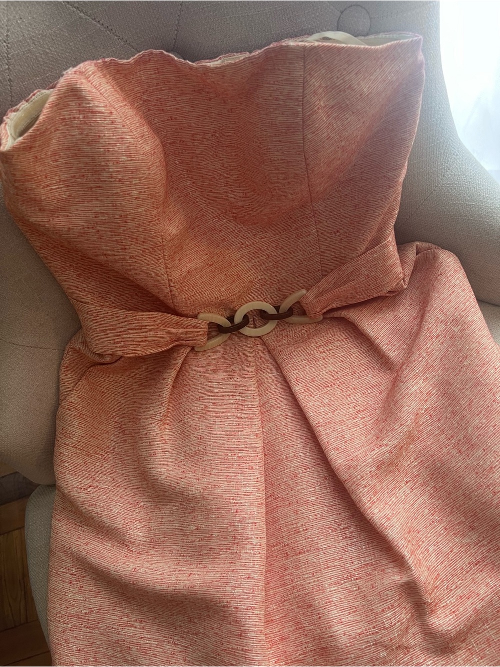 ANTONIO MELANI Strapless Coral-Pink Tweed Dress with Interlocking Ring